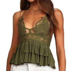 New Free People Adella Olive Sparrow Green Lace Smocked Back Ruffle Layered hem